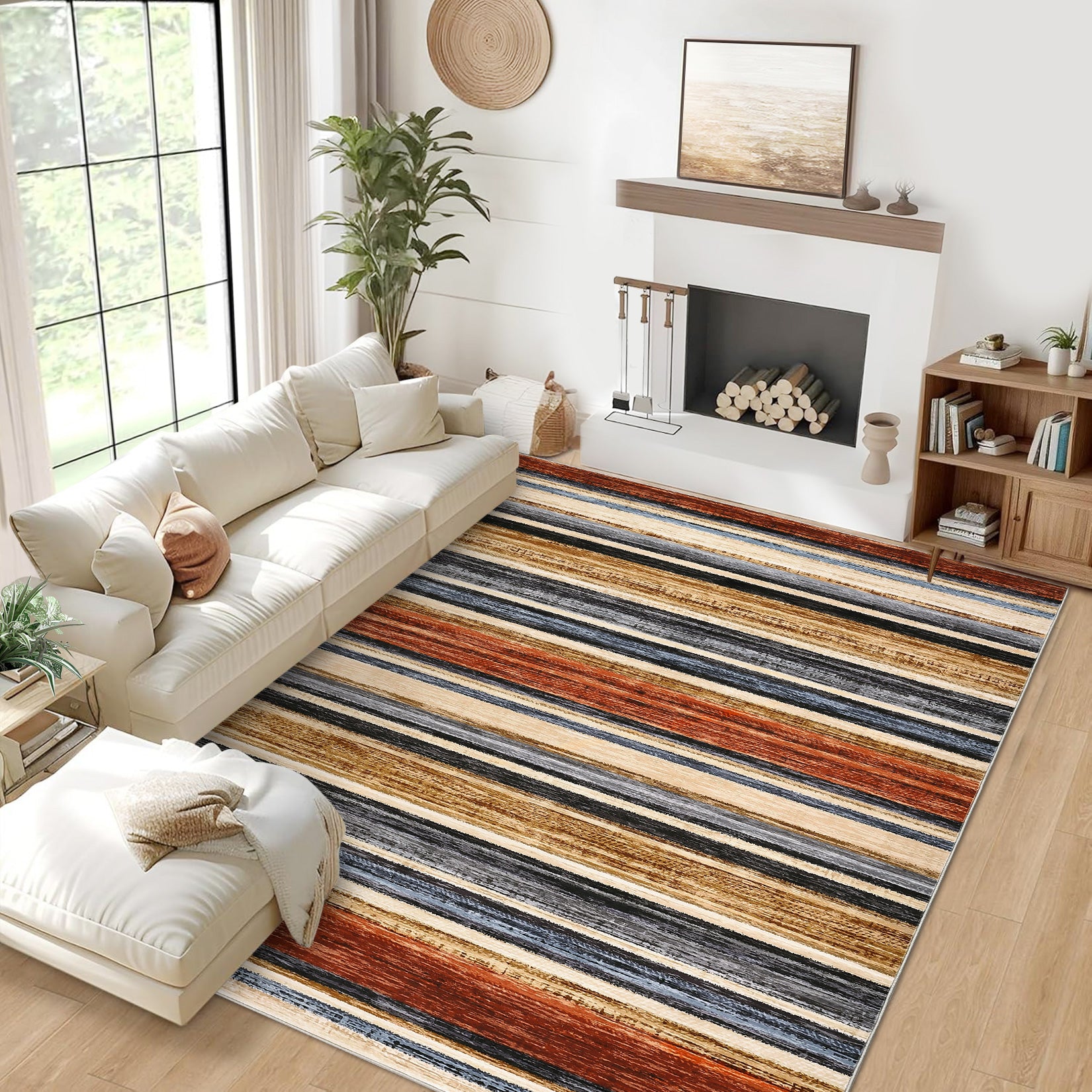 Garvee Washable Area Rug 5x7 Modern Strip Throw Rug with Non-Slip Backing, Stain-Resistant Contemporary Accent Carpet, Soft Low Pile Indoor Mat for Bedroom, Office, Colorful