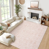 Garvee Washable Living Room Rug 8x10 Large Vintage Printed Accent Carpet with Non-Slip Backing, Stain-Resistant Low Pile Floor Cover, Oriental Distressed Indoor Mat for Bedroom, Pink - Pink