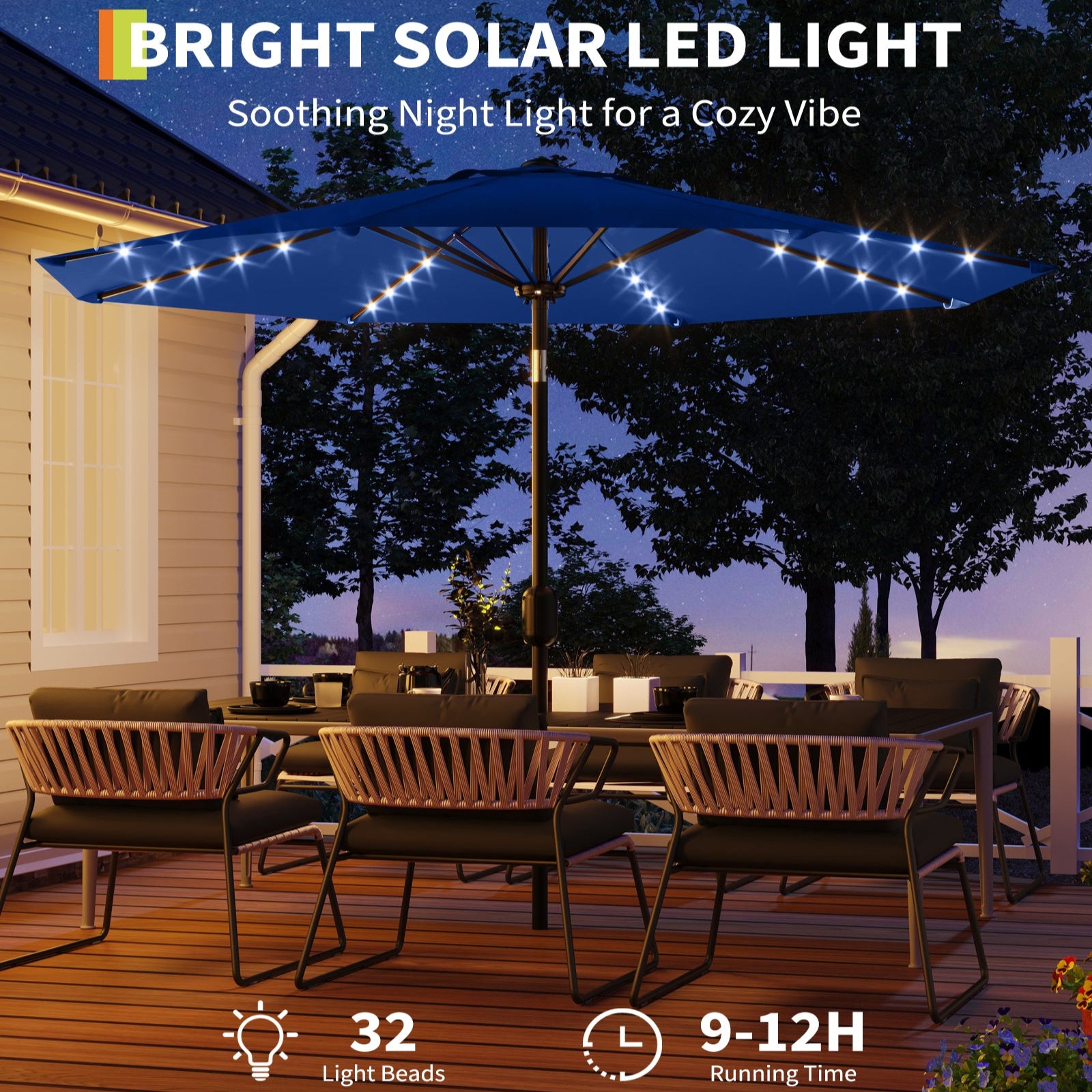 Garvee 10' Solar Patio Umbrella with 40 LED Lights, Outdoor Market Umbrella with Auto-Tilt Crank & Weather-Resistant Canopy, Navy Blue