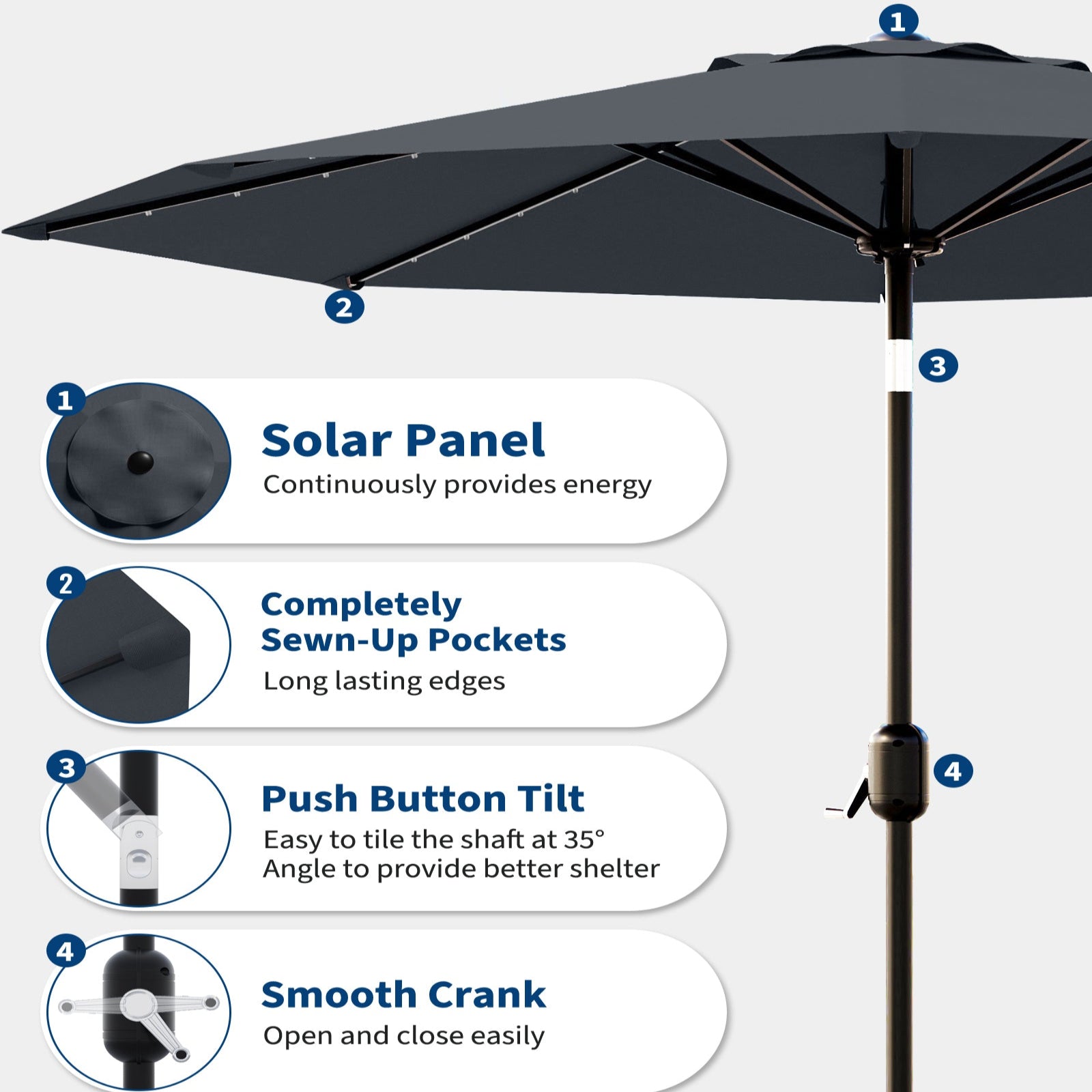 Garvee 10' Solar Patio Umbrella with 40 LED Lights, Outdoor Market Umbrella with Auto-Tilt Crank & Weather-Resistant Canopy, Grey