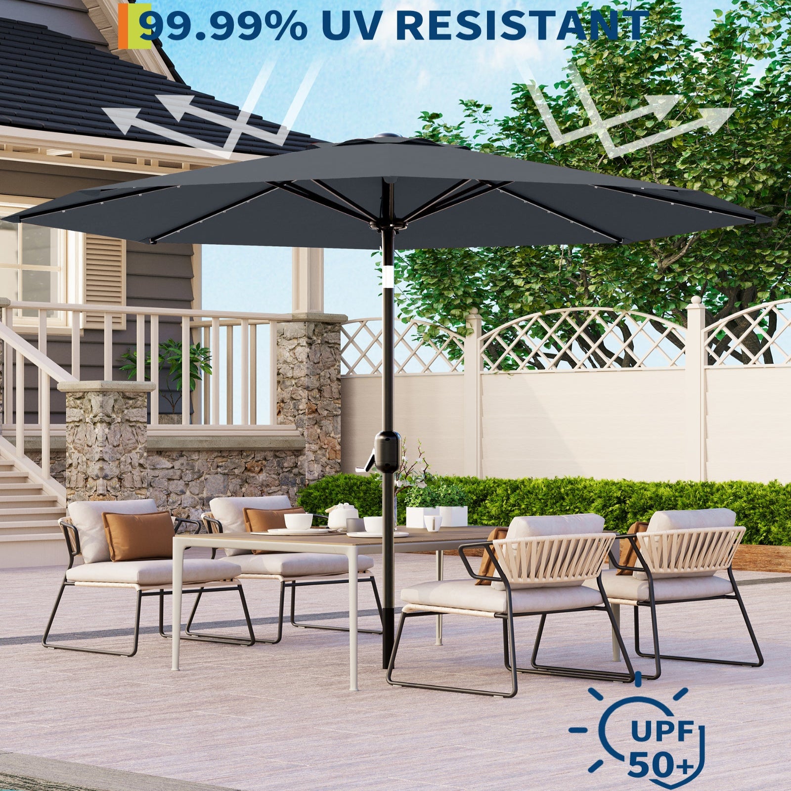 Garvee 10' Solar Patio Umbrella with 40 LED Lights, Outdoor Market Umbrella with Auto-Tilt Crank & Weather-Resistant Canopy, Grey