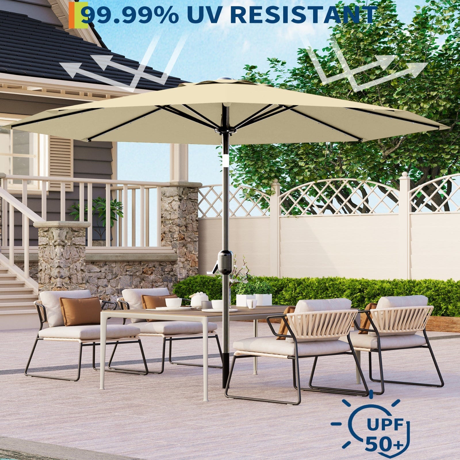 Garvee 10 ft Solar Patio Umbrella with 40 LED Lights, Beige Outdoor Market Umbrella with Auto-Tilt Crank & Weather-Resistant Canopy