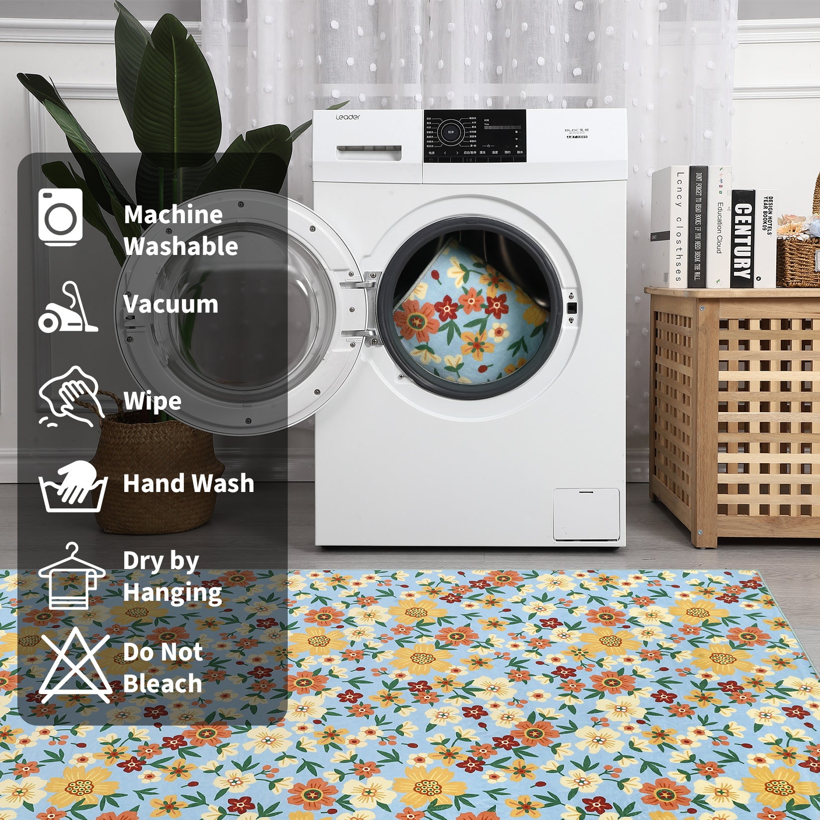 Garvee Large Modern Living Room Rugs 10x13 Washable Floral Print Accent Carpet Blue with Non-Slip Backing, Stain-Resistant, Low Pile Indoor Mat