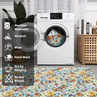Garvee Large Modern Living Room Rugs 10x13 Washable Floral Print Accent Carpet Blue with Non-Slip Backing, Stain-Resistant, Low Pile Indoor Mat