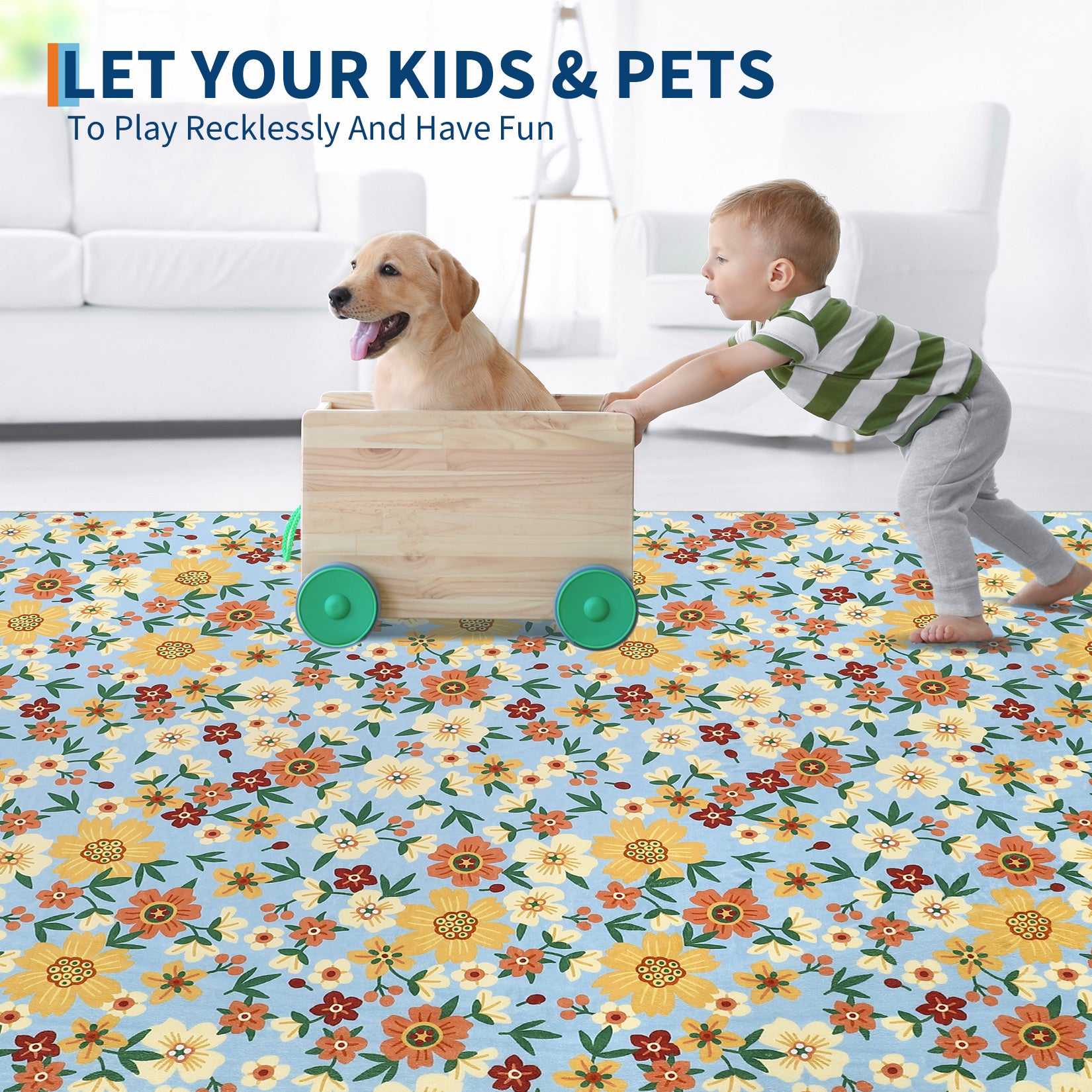 Garvee Large Modern Living Room Rugs 10x13 Washable Floral Print Accent Carpet Blue with Non-Slip Backing, Stain-Resistant, Low Pile Indoor Mat