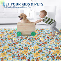 Garvee Large Modern Living Room Rugs 10x13 Washable Floral Print Accent Carpet Blue with Non-Slip Backing, Stain-Resistant, Low Pile Indoor Mat
