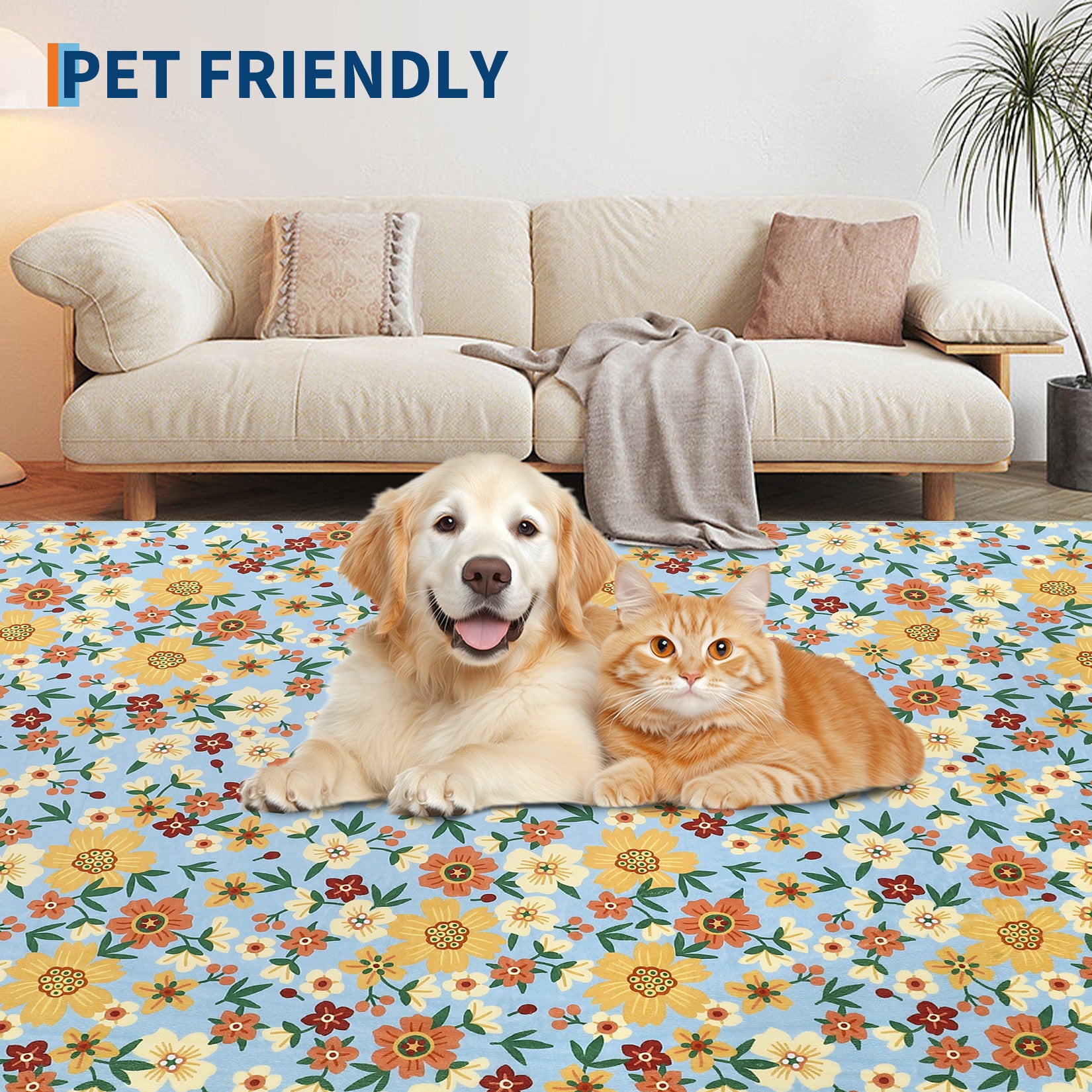 Garvee Large Modern Living Room Rugs 10x13 Washable Floral Print Accent Carpet Blue with Non-Slip Backing, Stain-Resistant, Low Pile Indoor Mat