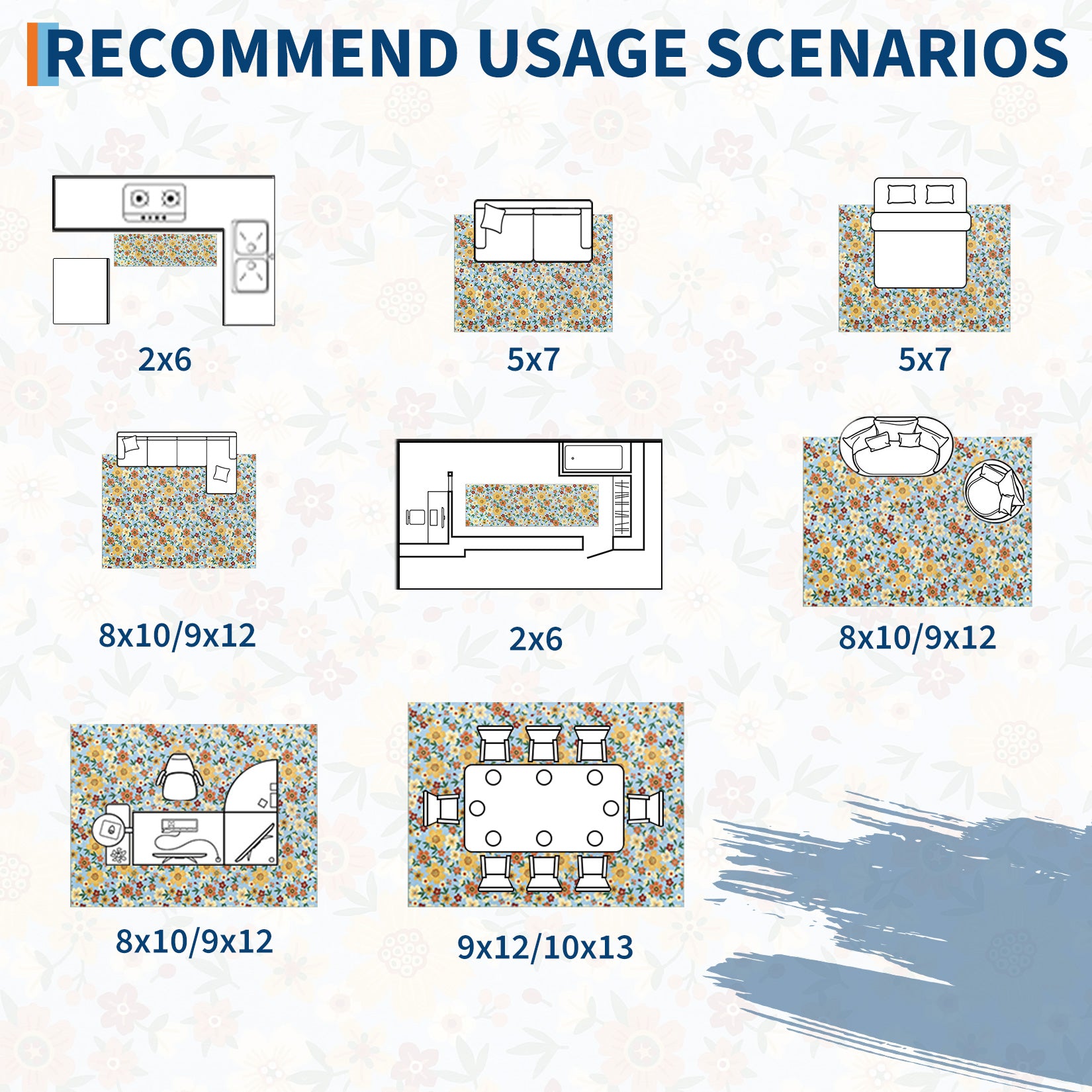 Garvee Large Modern Living Room Rugs 10x13 Washable Floral Print Accent Carpet Blue with Non-Slip Backing, Stain-Resistant, Low Pile Indoor Mat