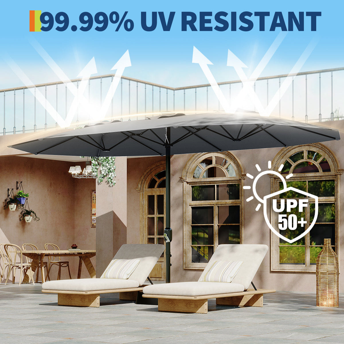 Garvee 15' Large Patio Umbrella with Base, Outdoor Double-Sided Rectangle Market Umbrella Outside Umbrellas for Poolside Lawn Backyard, Grey