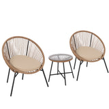 Garvee 3 PC Acapulco Chair Set, All-Weather Modern Patio Furniture Set with Cushions, Plastic Rope, Glass Top Table and 2 Chairs, Woven Patio Conversation Bistro Set, Brown - Brown