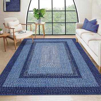 Garvee 4' × 6' Washable Area Rug, Non-Slip Low-Pile Carpet, Non-Shedding Polyester Rug with Classic Border Design for Living Room, Bedroom & Home Decor, Navy Blue
