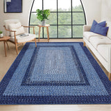 Garvee 4' × 6' Washable Area Rug, Non-Slip Low-Pile Carpet, Non-Shedding Polyester Rug with Classic Border Design for Living Room, Bedroom & Home Decor, Navy Blue - Navy Blue