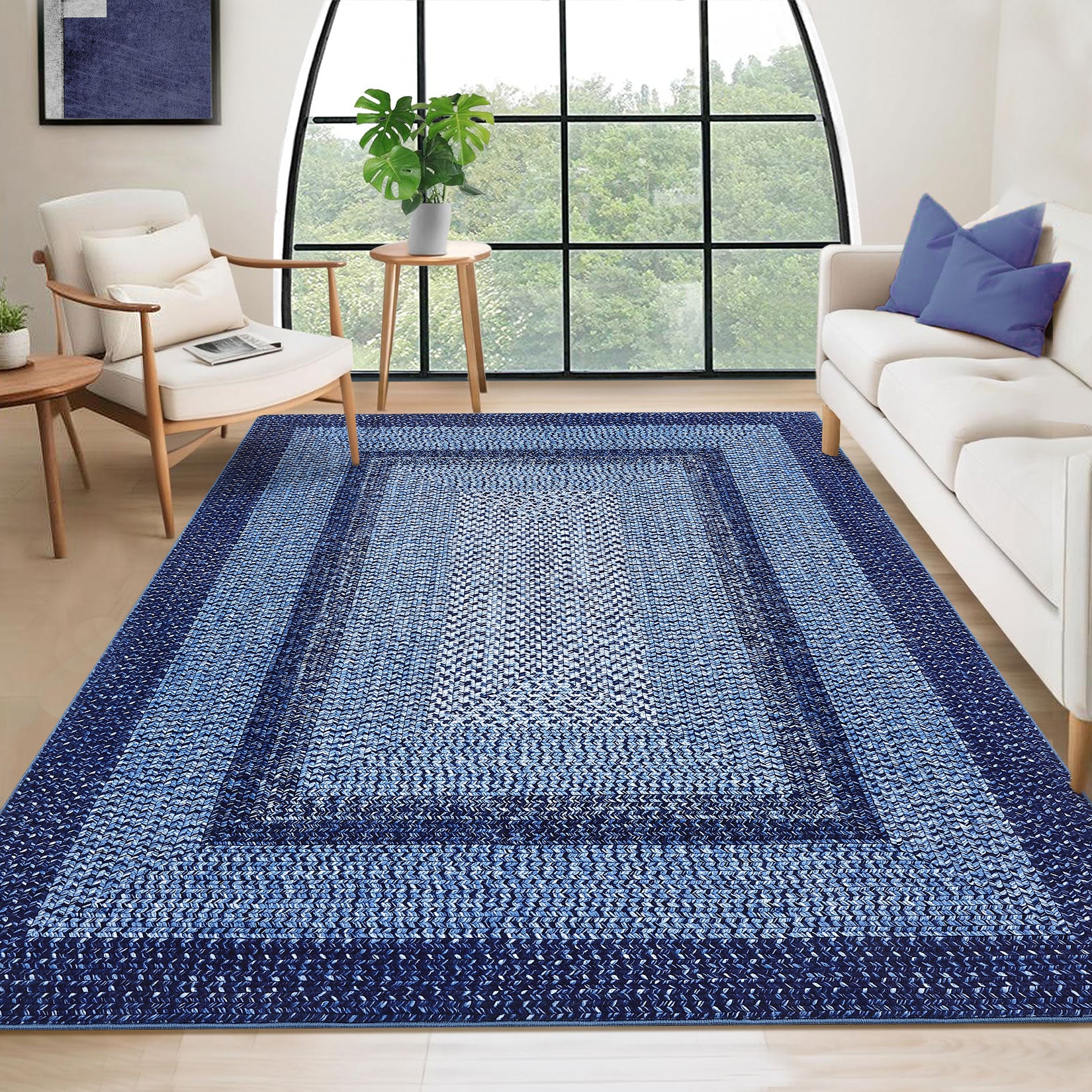 Garvee 4' × 6' Washable Area Rug, Non-Slip Low-Pile Carpet, Non-Shedding Polyester Rug with Classic Border Design for Living Room, Bedroom & Home Decor, Navy Blue