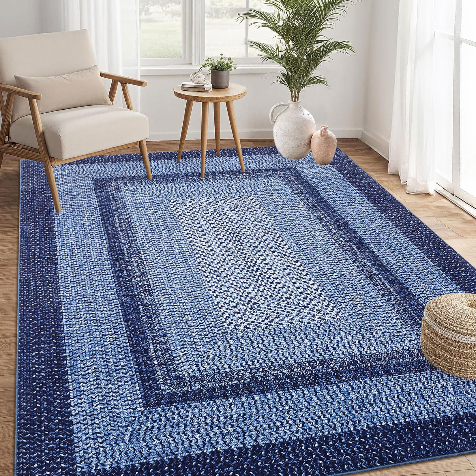 Garvee Bordered Navy Blue 10x13 Washable Rug for Living Room - Boho Braided Print, Non-Slip, Low Pile, Foldable, Polyester, Navy - Cozy & Minimalist