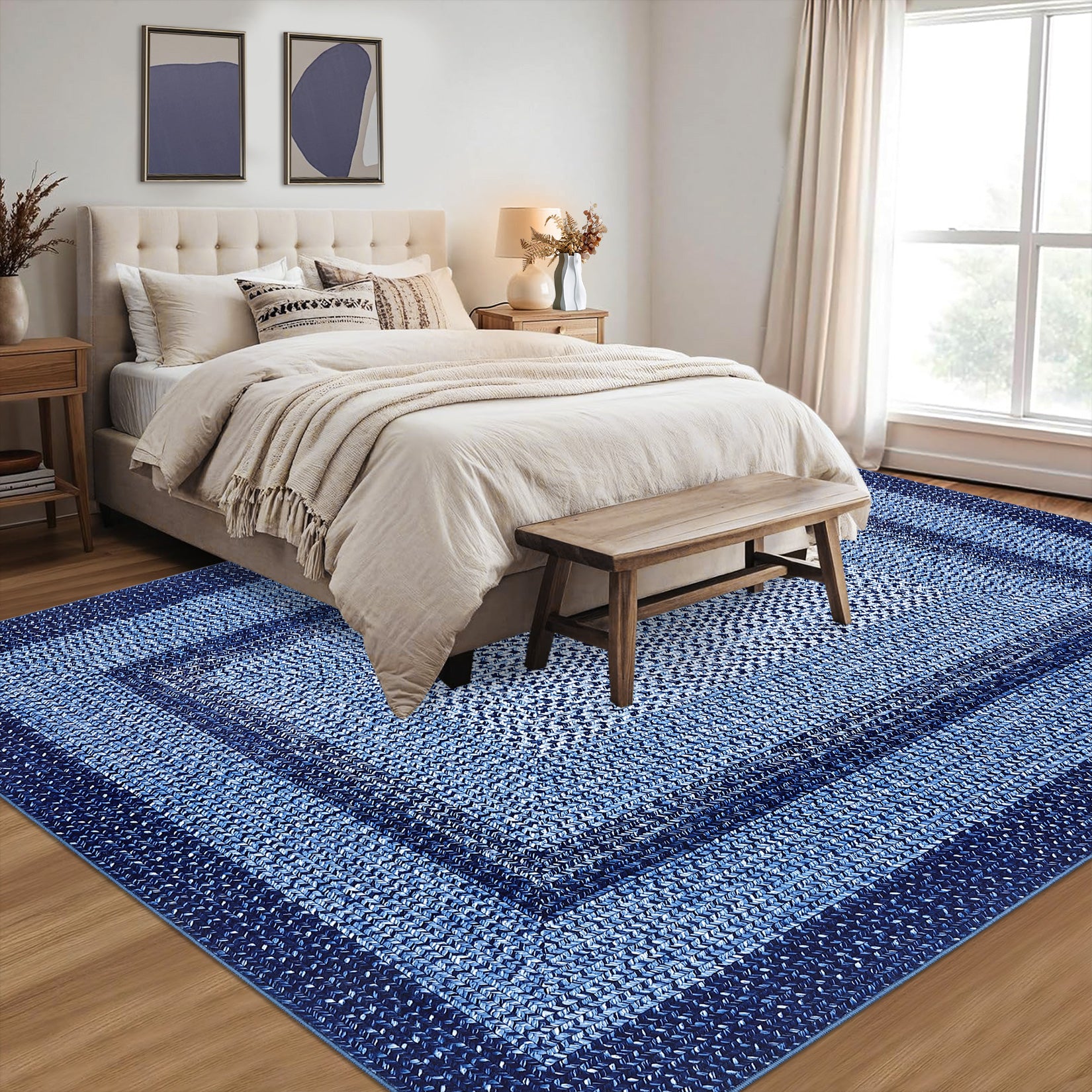 Garvee 4' × 6' Washable Area Rug, Non-Slip Low-Pile Carpet, Non-Shedding Polyester Rug with Classic Border Design for Living Room, Bedroom & Home Decor, Navy Blue