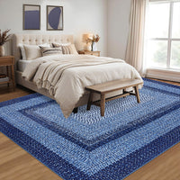 Garvee Bordered Navy Blue 10x13 Washable Rug for Living Room - Boho Braided Print, Non-Slip, Low Pile, Foldable, Polyester, Navy - Cozy & Minimalist