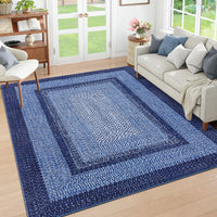 Garvee 4' × 6' Washable Area Rug, Non-Slip Low-Pile Carpet, Non-Shedding Polyester Rug with Classic Border Design for Living Room, Bedroom & Home Decor, Navy Blue