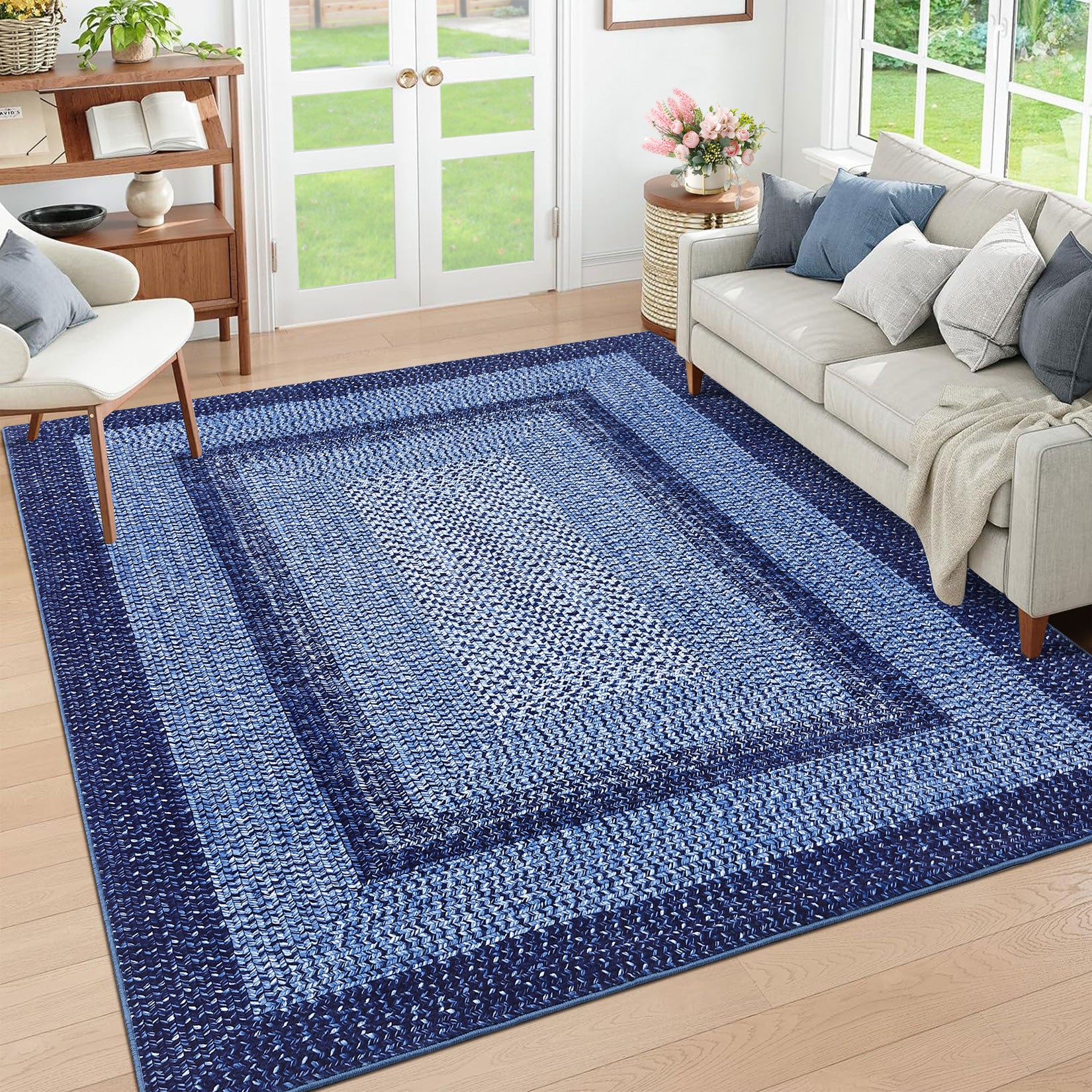 Garvee Bordered Navy Blue 10x13 Washable Rug for Living Room - Boho Braided Print, Non-Slip, Low Pile, Foldable, Polyester, Navy - Cozy & Minimalist