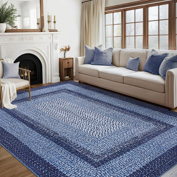 Garvee Bordered Navy Blue 9x12 Washable Area Rug Modern Braided Print Soft Boho Non-Slip Non-Shedding Low Pile Foldable Thin Navy Rug for Dining Room, Home Office, Nursery