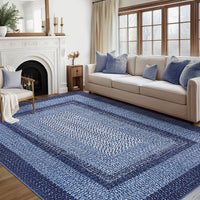 Garvee Bordered Navy Blue 5x7 Braided Collection Modern Washable Rug, Non-Slip, Low Pile Polyester, Vintage Country Cottage, Ideal for Living Room