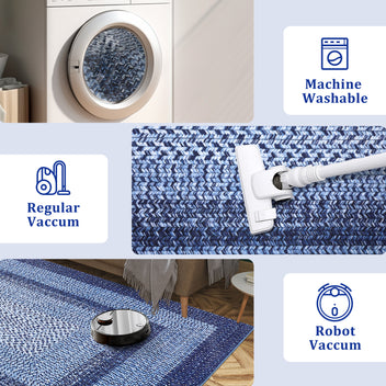 Garvee Bordered Navy Blue 10x13 Washable Rug for Living Room - Boho Braided Print, Non-Slip, Low Pile, Foldable, Polyester, Navy - Cozy & Minimalist