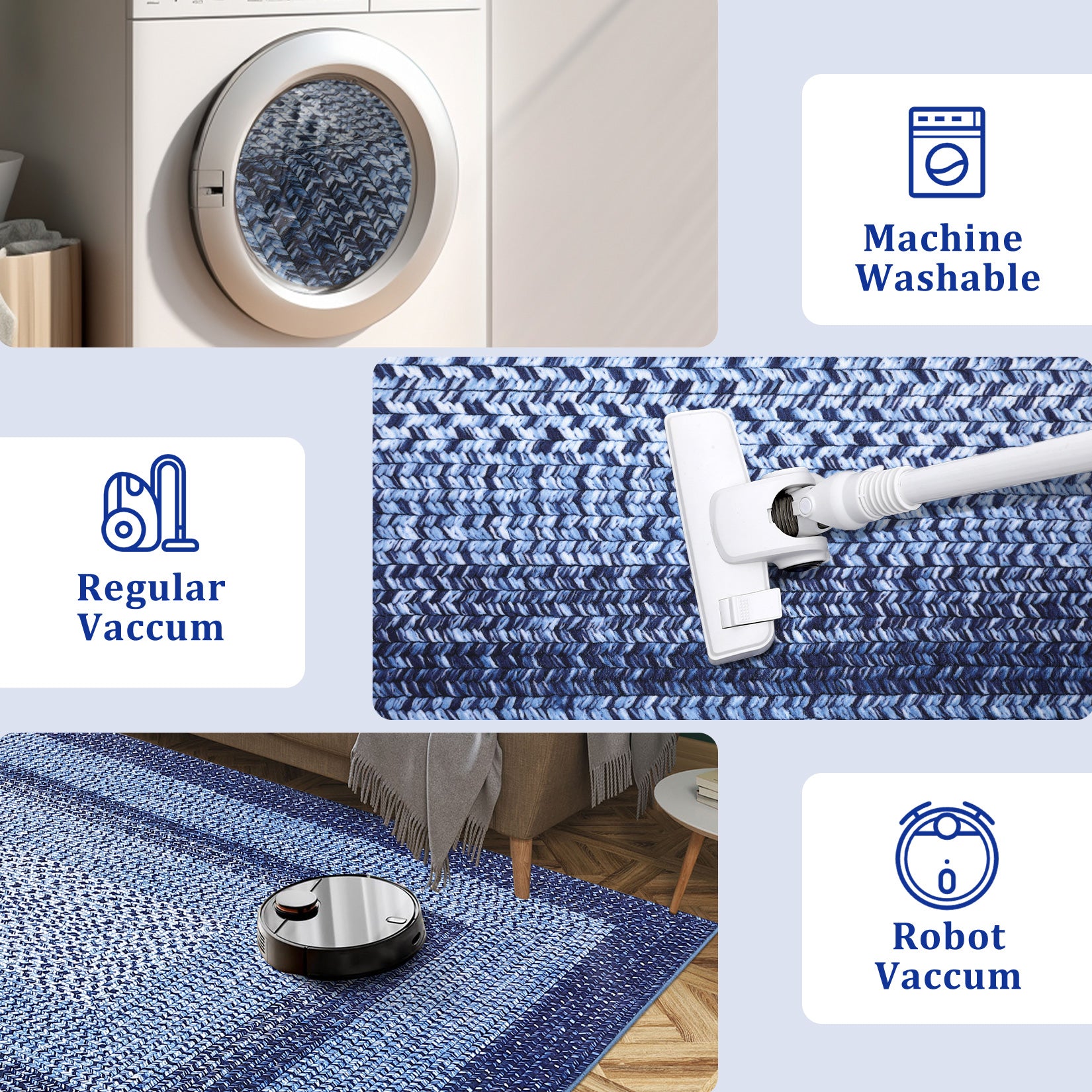 Garvee Bordered Navy Blue 10x13 Washable Rug for Living Room - Boho Braided Print, Non-Slip, Low Pile, Foldable, Polyester, Navy - Cozy & Minimalist