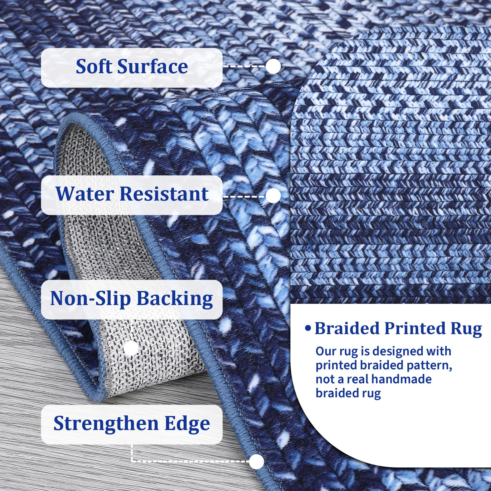 Garvee Bordered Navy Blue 5x7 Braided Collection Modern Washable Rug, Non-Slip, Low Pile Polyester, Vintage Country Cottage, Ideal for Living Room