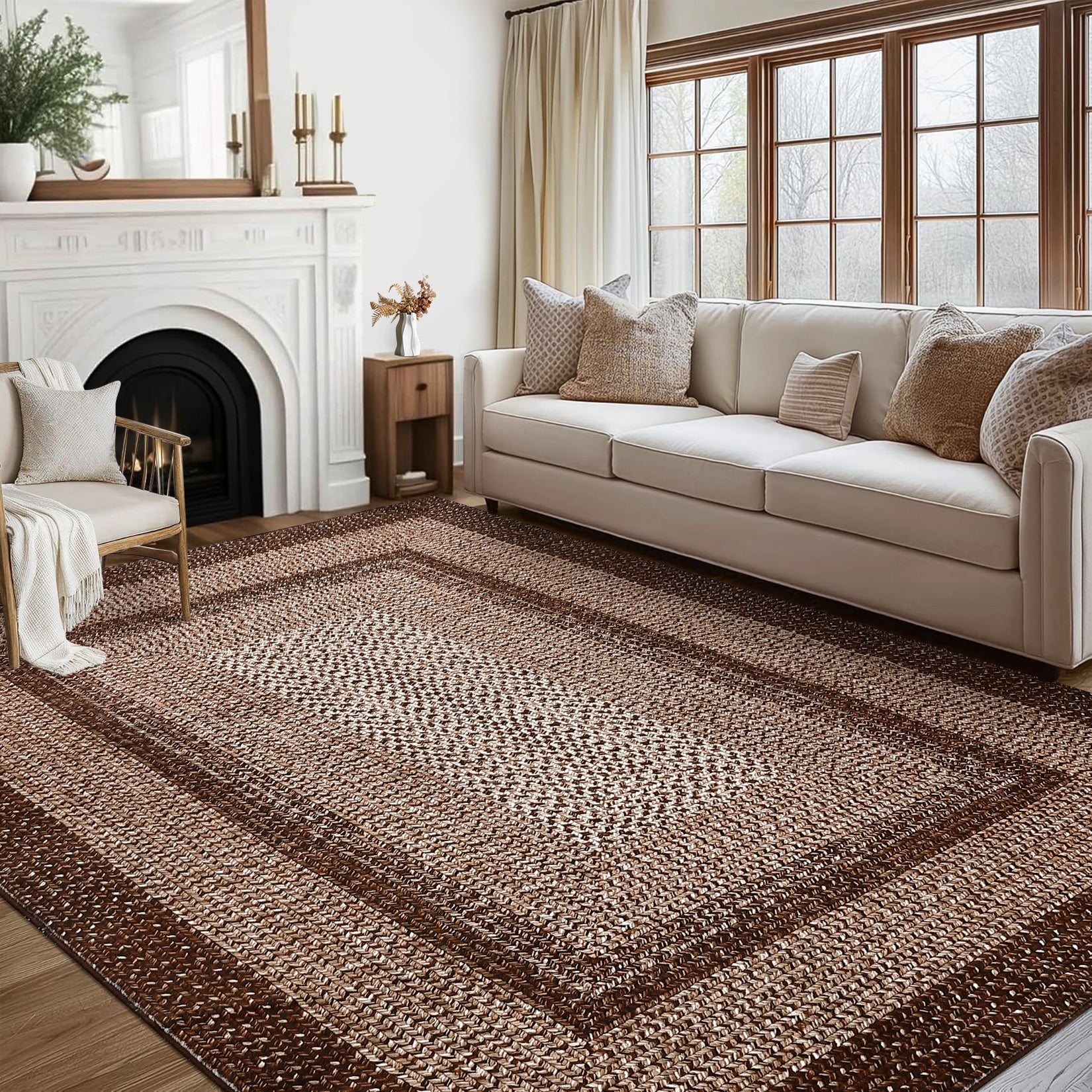 Garvee 8x10 Boho Braided-Print Washable Area Rug, Low Pile Polyester Rug with Non-Slip Backing for Living Room, Bedroom & Office, Brown