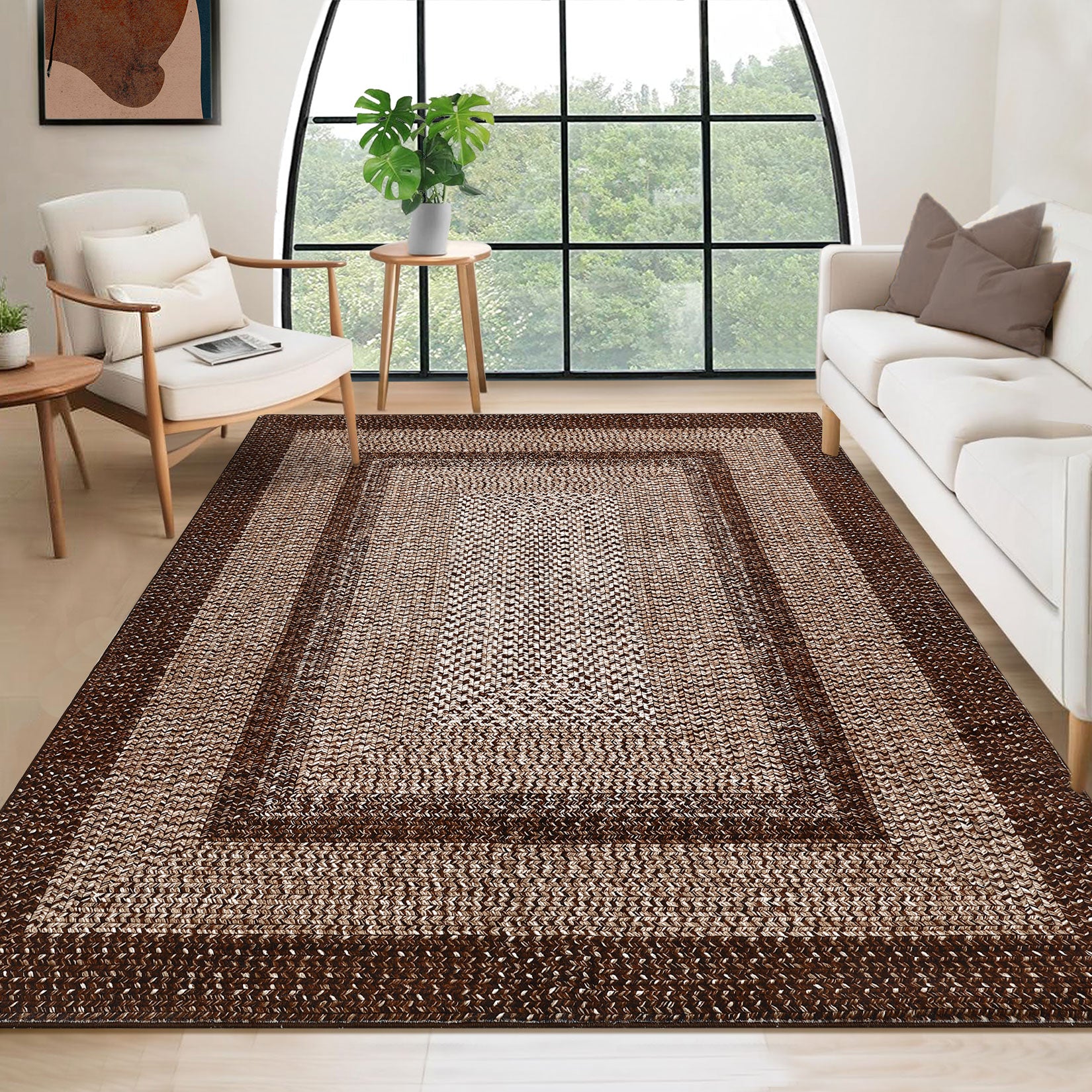 Garvee 8x10 Boho Braided-Print Washable Area Rug, Low Pile Polyester Rug with Non-Slip Backing for Living Room, Bedroom & Office, Brown