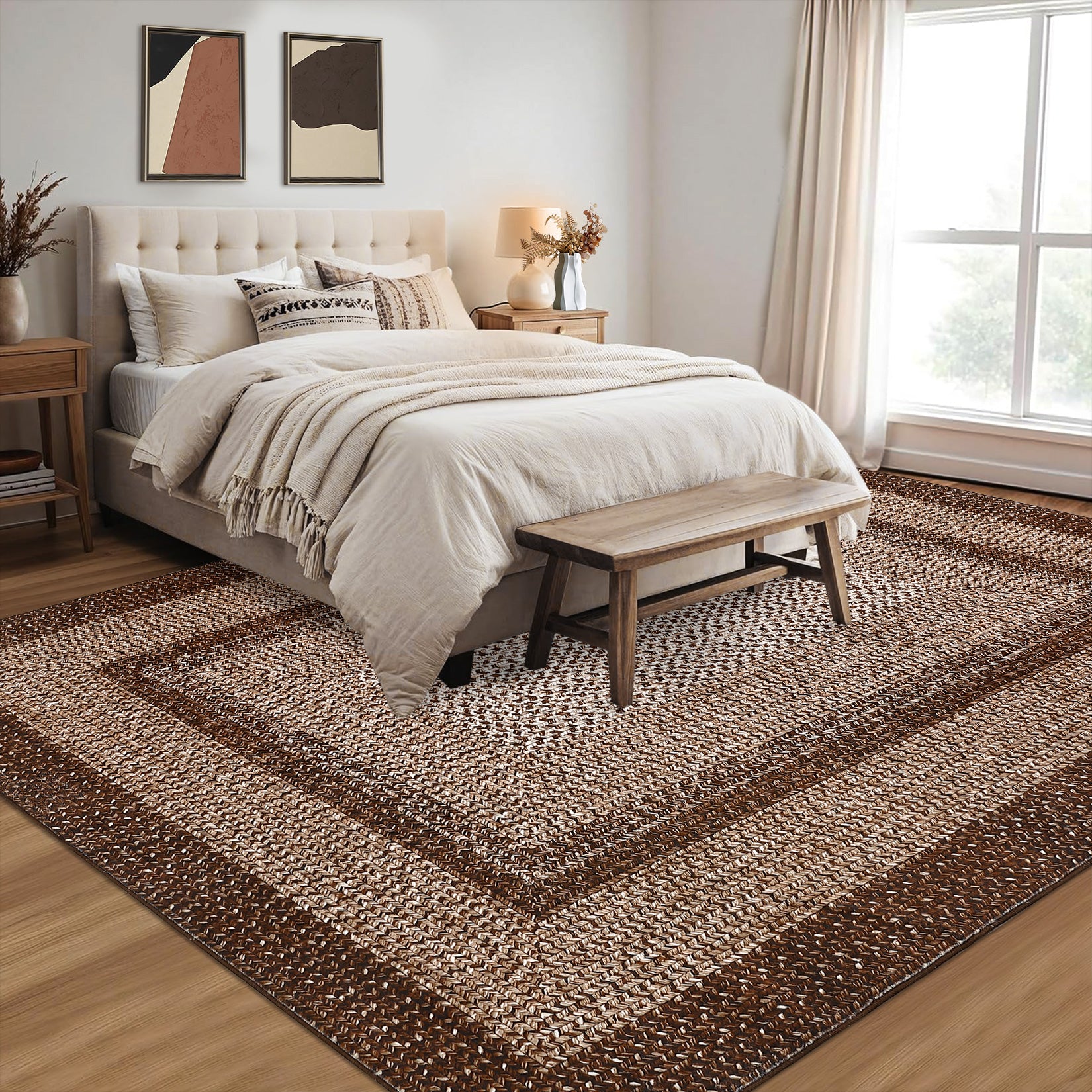 Garvee Bordered Brown 5x7 Braided Washable Rug, Low Pile Non-Slip Polyester Vintage Farmhouse Carpet for Living Room Bedroom