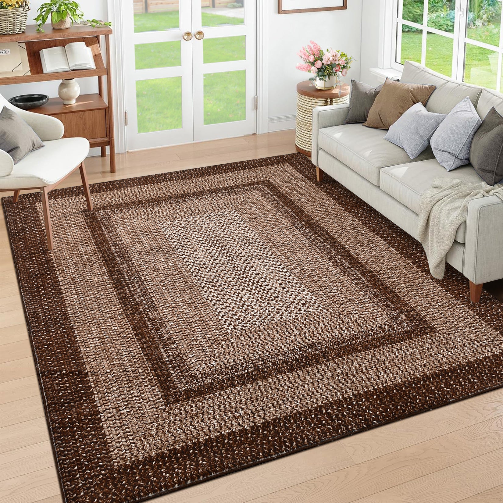 Garvee Bordered Brown 5x7 Braided Washable Rug, Low Pile Non-Slip Polyester Vintage Farmhouse Carpet for Living Room Bedroom