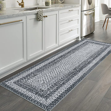 Garvee Bordered Grey 2x8 Washable Runner Rug, Distressed Farmhouse Print, Ultra-Thin Non-Slip Polyester Mat with Cozy Texture for Kitchen, Bedroom, Entryway