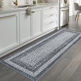 Garvee Bordered Grey 2x8 Washable Runner Rug, Distressed Farmhouse Print, Ultra-Thin Non-Slip Polyester Mat with Cozy Texture for Kitchen, Bedroom, Entryway - Gray