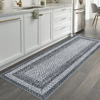 Garvee Bordered Grey 2x8 Washable Runner Rug, Distressed Farmhouse Print, Ultra-Thin Non-Slip Polyester Mat with Cozy Texture for Kitchen, Bedroom, Entryway