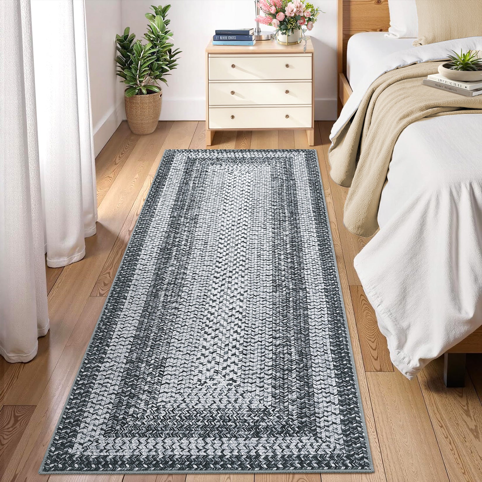 Garvee Bordered Grey 2x8 Washable Runner Rug, Distressed Farmhouse Print, Ultra-Thin Non-Slip Polyester Mat with Cozy Texture for Kitchen, Bedroom, Entryway