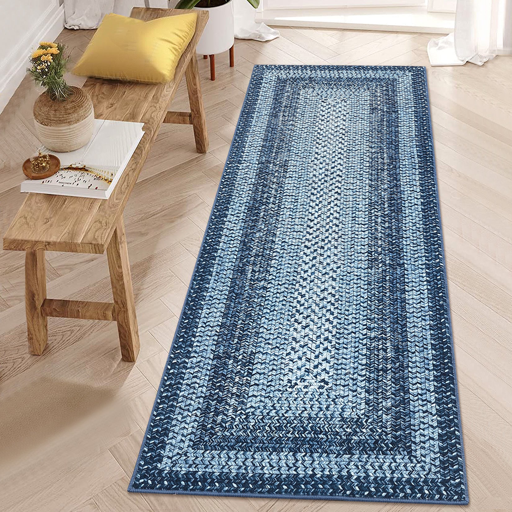 Garvee Bordered Grey Blue 2x6 Washable Area Rug, Non-Slip Runner Ultra-Thin Farmhouse Kitchen Mat Bedroom Bedside Laundry Distressed Carpet