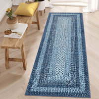 Garvee Bordered Grey Blue 2x6 Washable Area Rug, Non-Slip Runner Ultra-Thin Farmhouse Kitchen Mat Bedroom Bedside Laundry Distressed Carpet