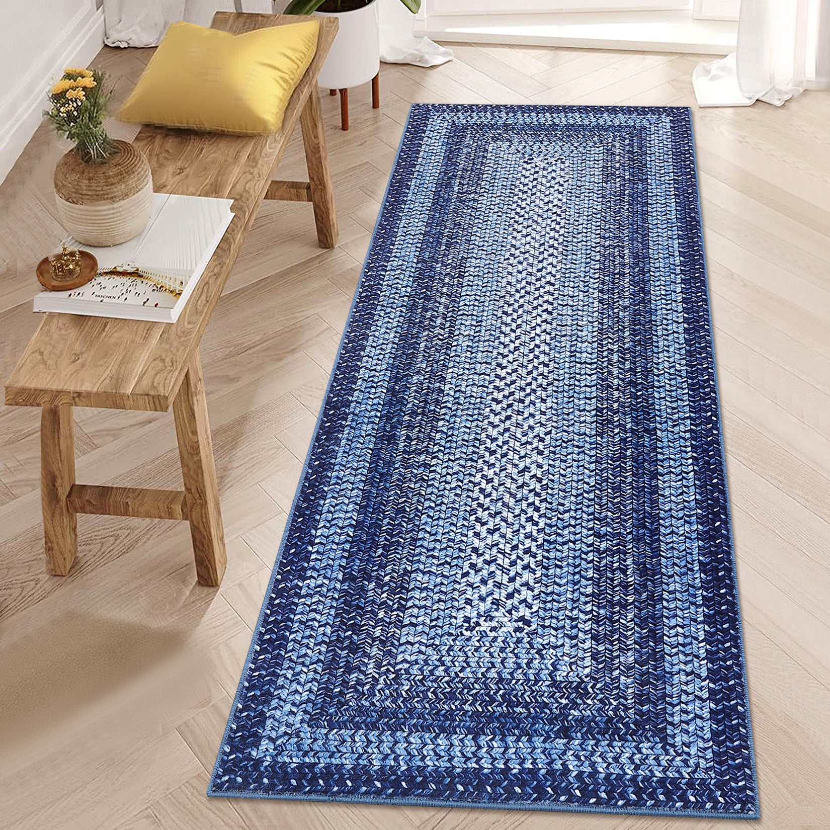 Garvee Bordered Navy Blue 2x6 Area Rug, Braided Print Washable Rug Non-Slip Hallway Runners Entryway Rug Runner Ultra-Thin Farmhouse Kitchen Mat Bedroom Bedside Laundry Distressed Rug Non-Shedding Accent Carpet