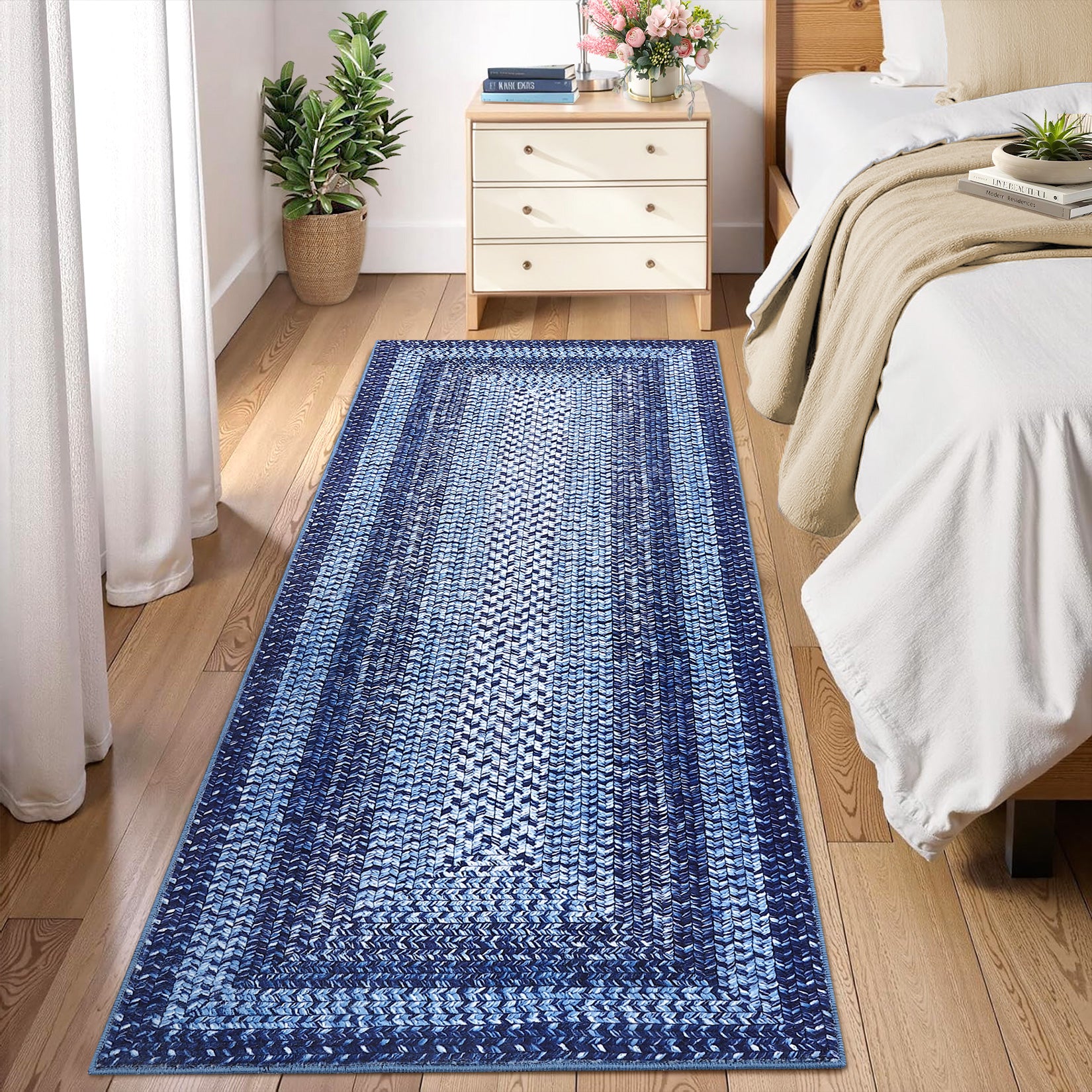 Garvee Bordered Navy Blue 2x6 Area Rug, Braided Print Washable Rug Non-Slip Hallway Runners Entryway Rug Runner Ultra-Thin Farmhouse Kitchen Mat Bedroom Bedside Laundry Distressed Rug Non-Shedding Accent Carpet
