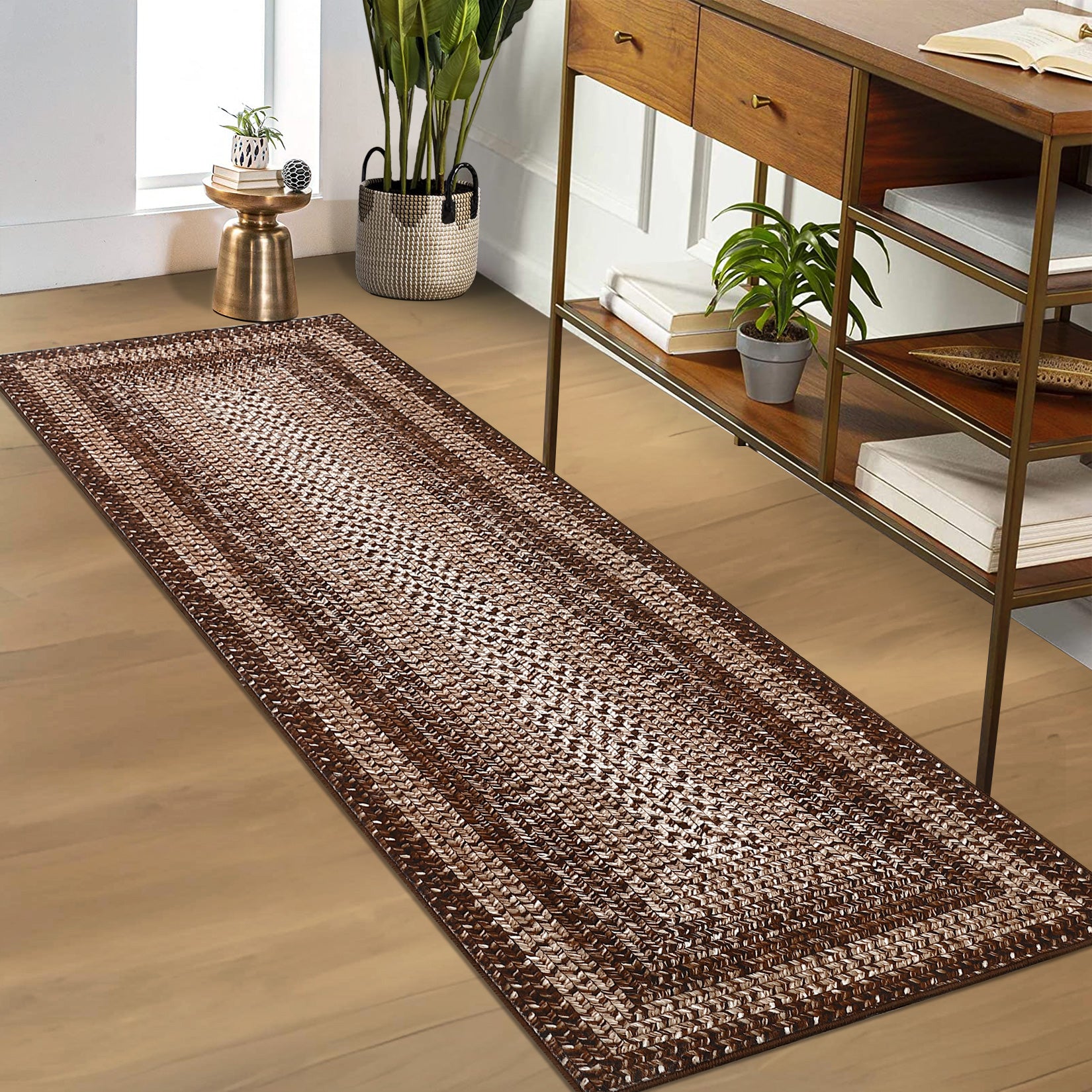 Garvee Bordered Brown 2x8 Braided Distressed Runner, Washable Non Slip Non-Shedding Ultra-Thin Carpet for Entryway Hallway & Bedroom Bedside