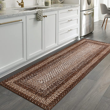Garvee Bordered Brown 2x8 Braided Distressed Runner, Washable Non Slip Non-Shedding Ultra-Thin Carpet for Entryway Hallway & Bedroom Bedside