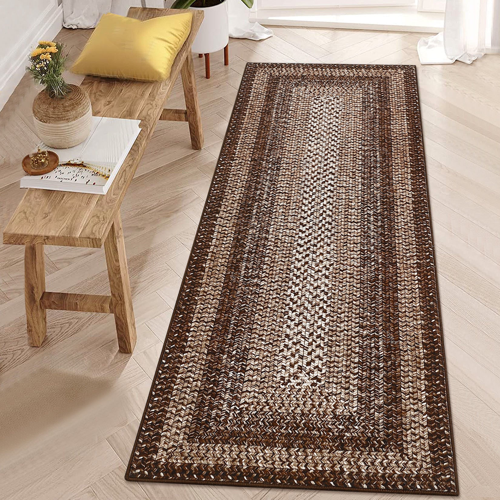 Garvee Bordered Brown 2x8 Braided Distressed Runner, Washable Non Slip Non-Shedding Ultra-Thin Carpet for Entryway Hallway & Bedroom Bedside