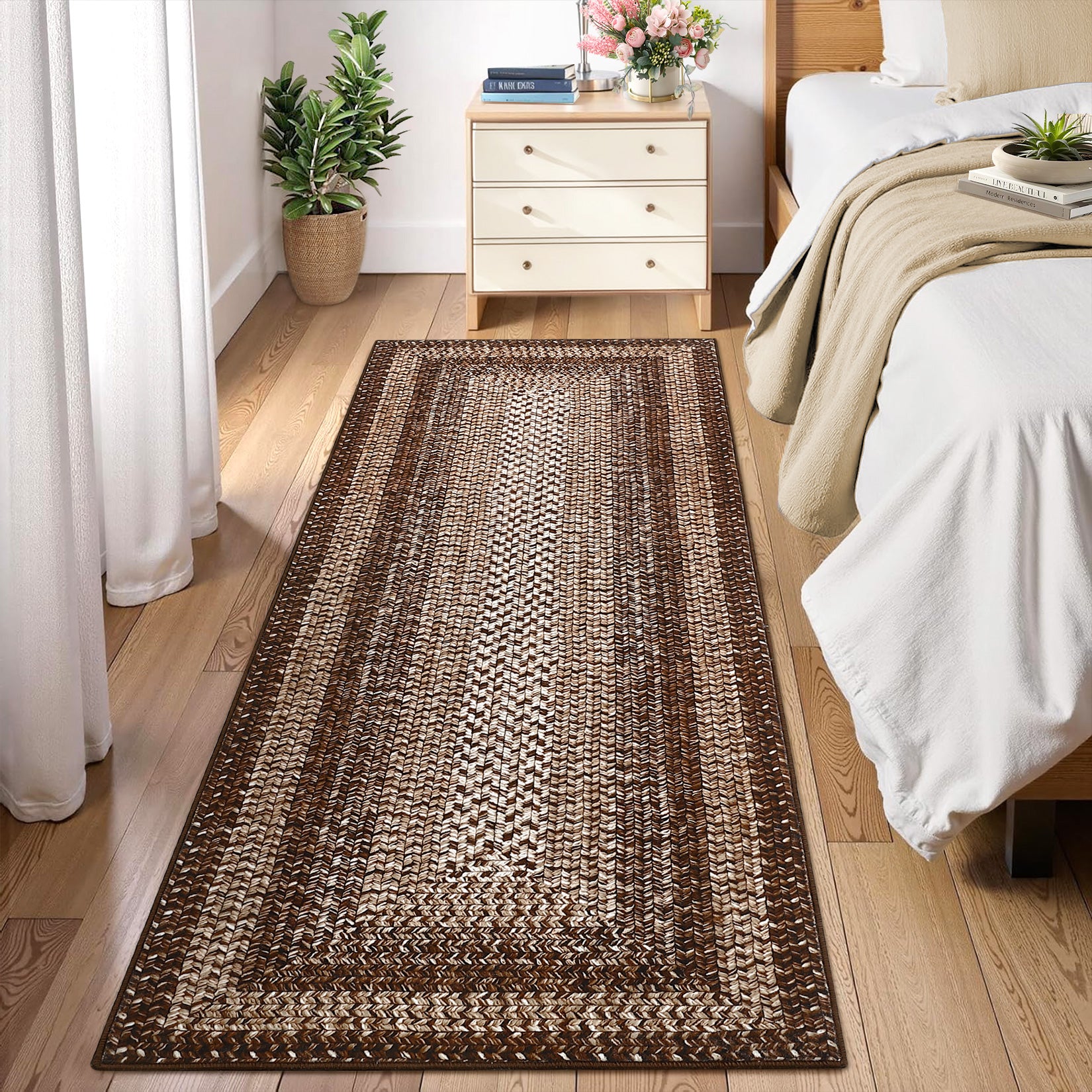 Garvee Bordered Brown 2x8 Braided Distressed Runner, Washable Non Slip Non-Shedding Ultra-Thin Carpet for Entryway Hallway & Bedroom Bedside