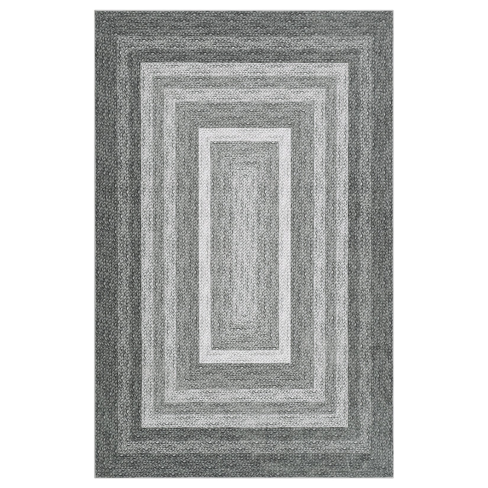 Garvee 8x10 Washable Area Rugs Modern Braided Printed Accent Rug with Non-Slip Backing, Foldable Low Pile Floor Cover, Bordered Indoor Carpet for Living Room, Bedroom, Grey
