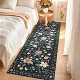Garvee Runner Rug 2x6 Kitchen Runner Floral Rug Runners for Hallway Bedroom, Soft Ultra-Thin Indoor Low Pile Flower Carpet with Non Slip Backing, Black - Black