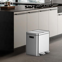 Garvee 8 Gallon Stainless Steel 2 Compartments Trash Can with Removable Inner Buckets and Quite-Close Lid, Silver