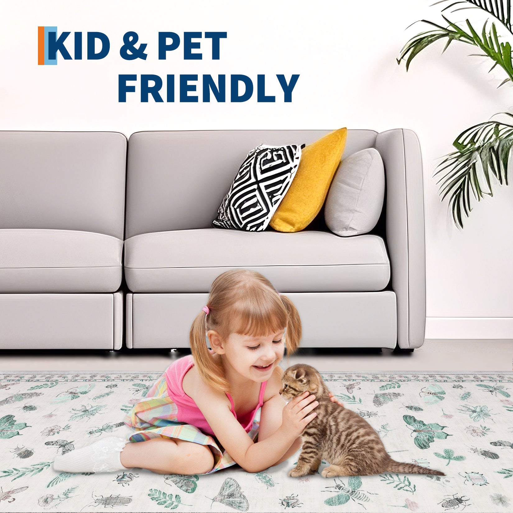 Garvee Modern 8x10 Rug Floral Insect Print Non-Slip Machine Washable Ultra-Soft Beige Indoor Carpet for Living Room Bedroom Nursery