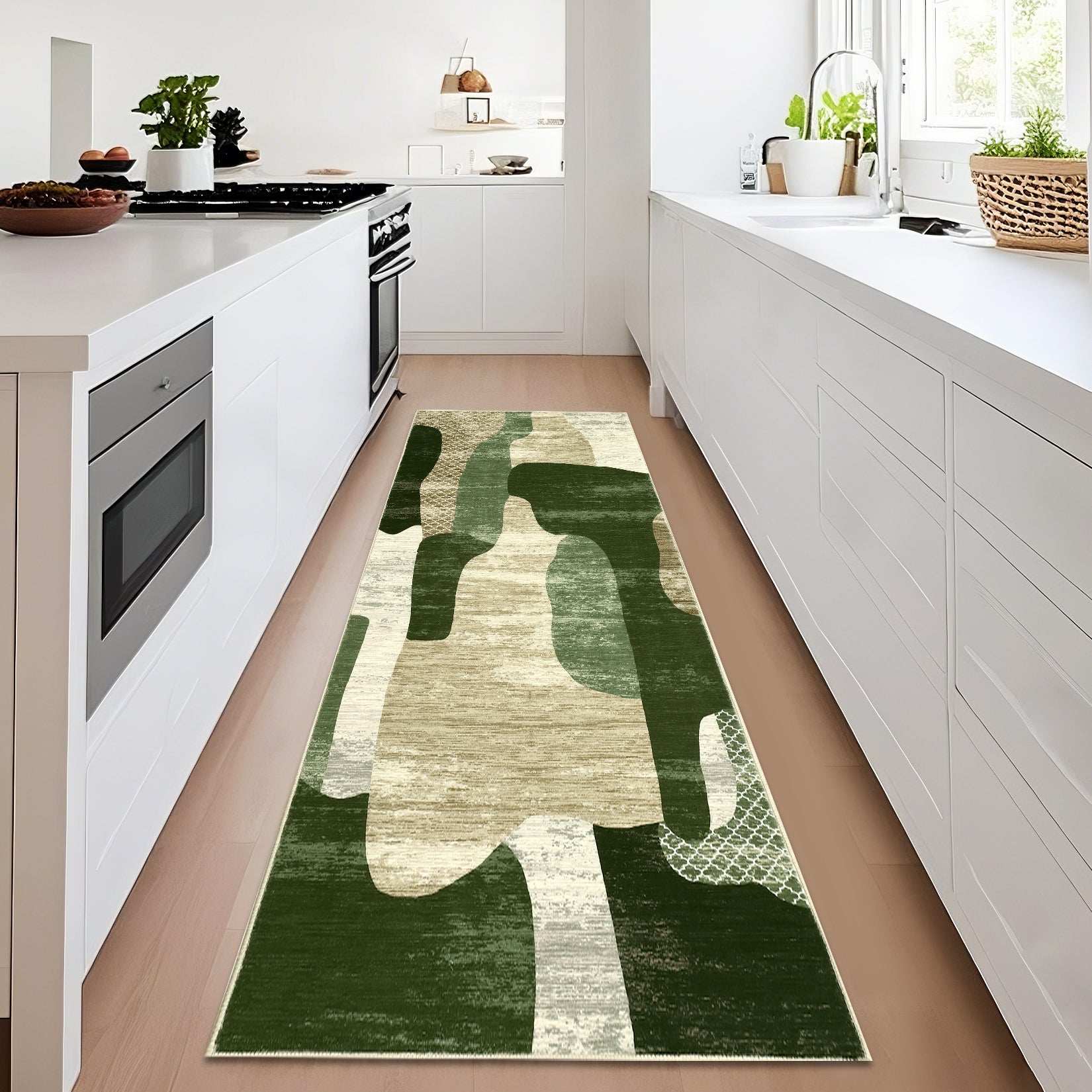 Garvee Modern Green 2x6 Washable Runner Rugs, Non Slip Abstract Runner for Hallway Kitchen, Low Pile Non Shedding Floor Carpet for Laundry Bathroom, Foldable Thin Mat