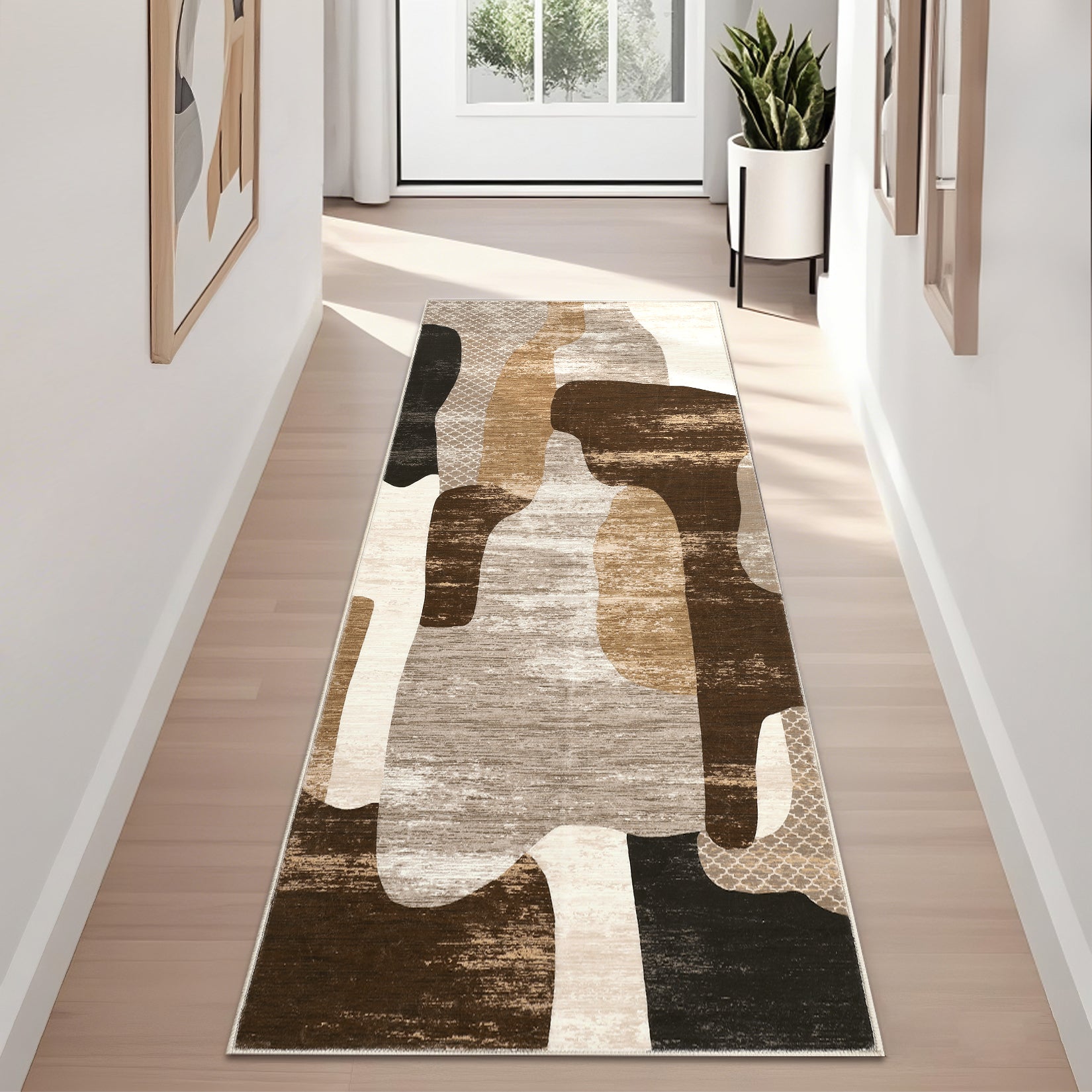 Garvee Modern Brown 2x6 Abstract Runner Rug for Kitchen, Soft Low Pile Non Slip Hallway Runners, Indoor Contemporary Floor Carpet for Laundry Bathroom