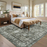 Garvee Vintage Area Rug 6x9 Non Slip Non Shedding Washable Floor Cover, Low Pile Traditional Distressed Retro Carpet, Foldable Floral Print Soft Mat for Dining Room Bathroom Kitchen - Brown Green